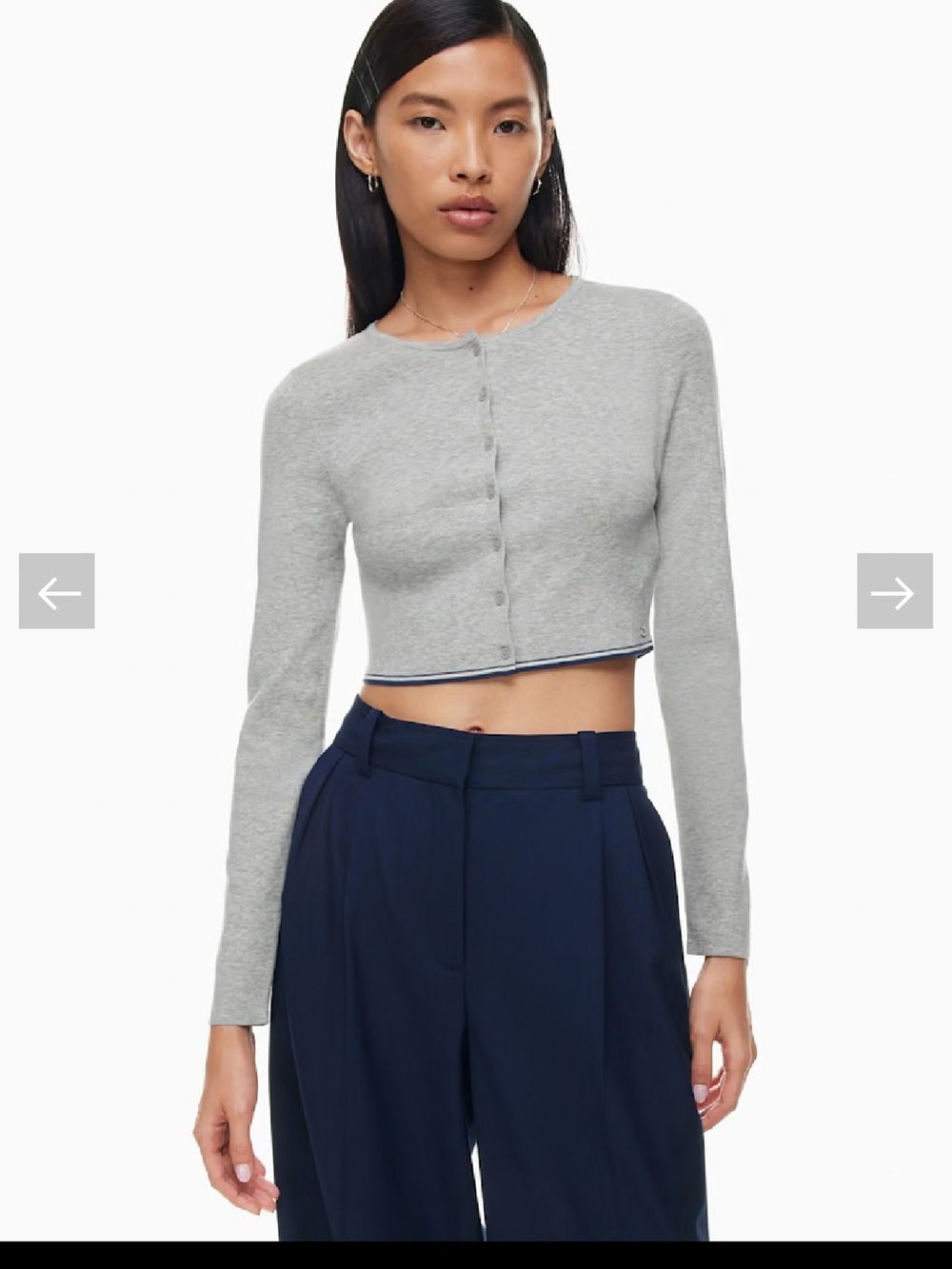 Aritzia New Izzy Cropped Cardigan in Light Gray with Navy Trim